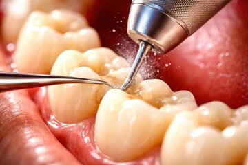 A dentist is using a drill to clean a patient's teeth