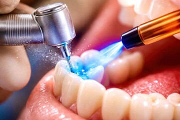 A dentist is using a drill to clean a patient's teeth