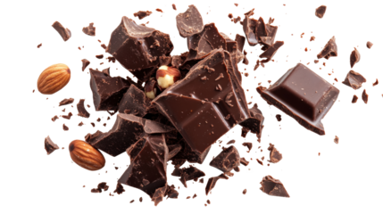 A pile of chocolate and nuts on a white background