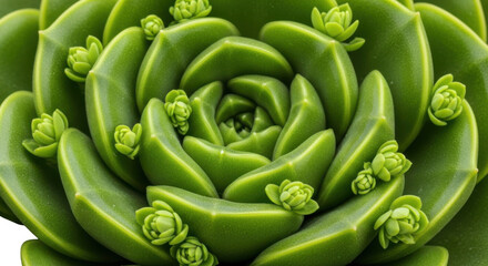 Vibrant green succulent plant macro detail with tiny buds blooming outdoors transparent background black background