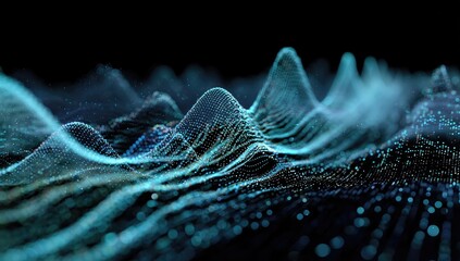 Abstract digital visualization of flowing, mountainous landscape rendered in shades of teal and turquoise