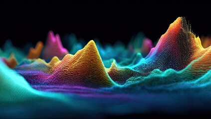 Vibrant, abstract landscape composed of tiny, colorful particles, with peaks and valleys over a black backdrop