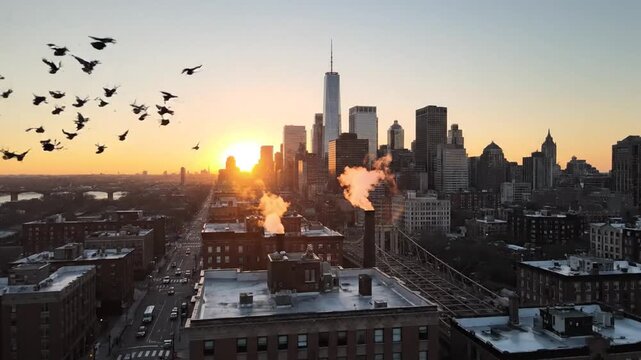 Flock of Pigeons Takes Flight Over New York City Skyline at Sunset Rooftop View