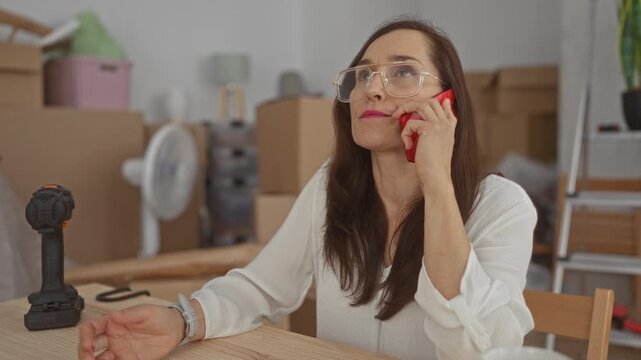 Woman talking on phone surrounded by moving boxes in a new home with tools scattered around suggesting a busy transition indoors.