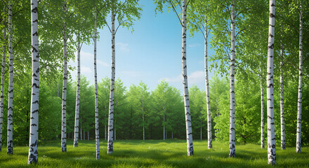 Birch trees in a sunlit green meadow under a blue sky