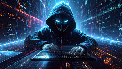 Ai robot wearing a dark hoodie and a face mask that leaves only the eyes shadowed. The hacker's hands are positioned over a computer keyboard, suggesting active typing.
