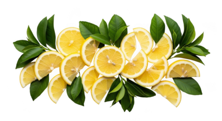 Vibrant sliced lemons and green leaves arrangement captivating citrus freshness transparent background black background