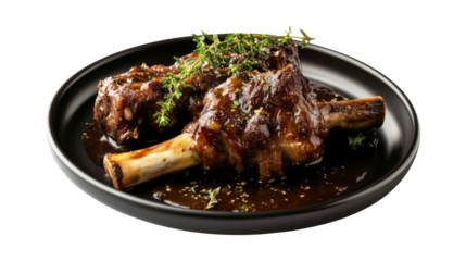 A plate of meat with herbs and gravy