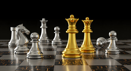 Gold and silver chess pieces on futuristic board strategy