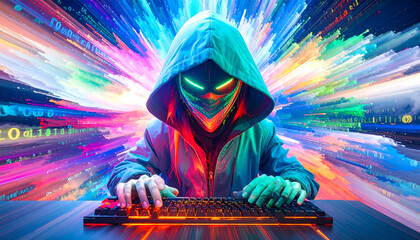 Ai robot wearing a dark hoodie and a face mask that leaves only the eyes shadowed. The hacker's hands are positioned over a computer keyboard, suggesting active typing.