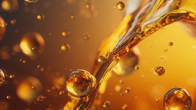 Macro Shot of Oil Droplets Pouring with Golden Hues in Warm Light