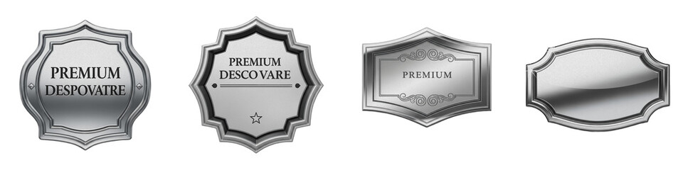 Silver Premium Labels PNG, Isolated Metallic Silver Badges and Luxury Chrome Product Tags on White Background, Blank Elegant Quality Seals, Glossy Logo Elements
