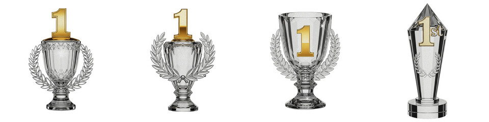 Glass Crystal Trophy PNG, Isolated First Place Award Cups with Gold Number One on White Background, 1st Prize Championship Trophies, Luxury Winner Recognition Set