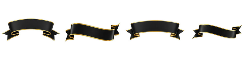 Black Ribbon Banner PNG, Isolated Vector Silk Ribbons with Gold Edging on White Background, Blank Curved Satin Fabric Scrolls Set, Glossy Black Web Design Elements