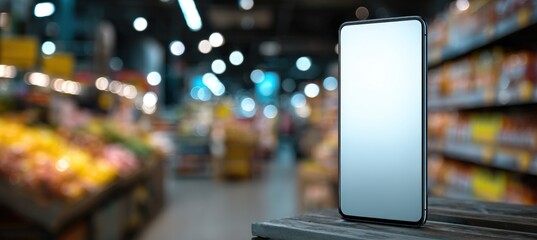 Close-up of Smartphone with Blank Screen in Retail Store with Colorful Bokeh Background