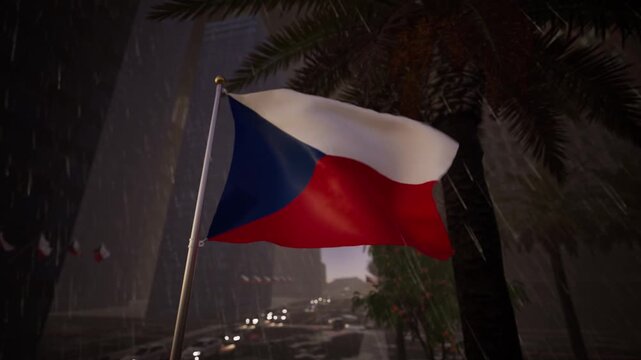 Czech national flag waving in rainy weather above a city skyline with overcast sky.

