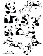 Set of cute baby panda bear cartoon icons. Vector collection of twelve adorable black and white line art illustrations of funny little pandas in various poses: sleeping, playing with bamboo, sitting,  © Anna Lytvyn