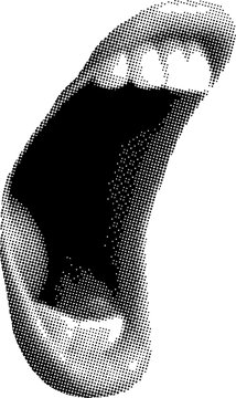 Screaming mouth side view retro halftone collage element vector illustration