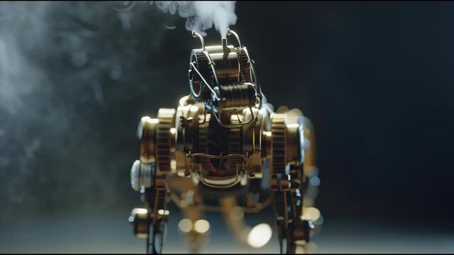 This dramatically lit, low-angle studio shot captures a powerful golden automaton dog emitting steam from its intricate mechanism, creating a mysterious glow in the dark studio.