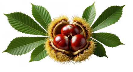 Macro view of horse chestnuts inside spiky husk surrounded by green leaves transparent background black background