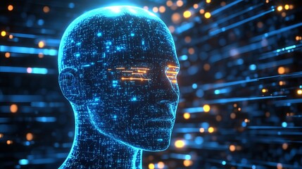 A futuristic digital human head with glowing blue circuits and orange lights in the background