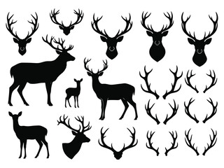 Collection of black silhouettes depicting deer antlers and various stag poses