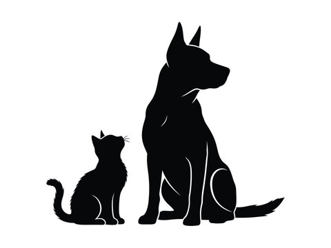 A silhouette of a cat and dog sitting side by side in profile