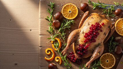 Swedish Nordic Cuisine Roasted Duck with Lingonberries, Orange, and Herbs on Rustic Wood for Restaurant Blogs, Farm-to-Table Websites, Menus, and Culinary Education