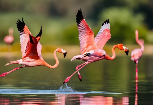 A view of some Flamingos in flight