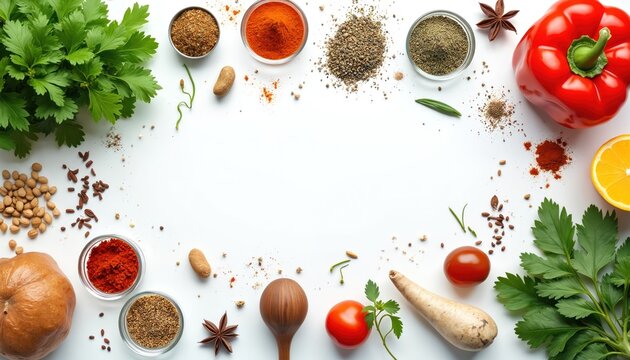 Assorted spices herbs and fresh vegetables arranged on white background. Cooking ingredients like chili powder parsley bell pepper lemon tomato for culinary preparation on kitchen counter.