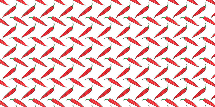 Vibrant and spicy red chili pepper pattern on a clean white background, creating a dynamic and appetizing design for culinary themes, fabric prints, or kitchen decor