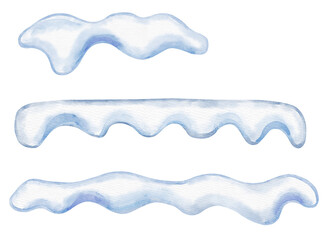 Watercolor Christmas Winter Snow Caps and Icicle Drifts, Hand Painted Icy Borders. Soft Snow Caps on Windows and Roofs, Snowy Piles for Xmas Seasonal Decoration, Christmas