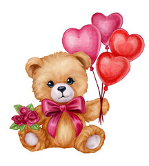 Watercolor teddy bear holding heart-shaped balloons roses. Cute romantic illustration isolated on black background, perfect for Valentine&rsquo;s Day, love cards, kids designs, nursery art, prints