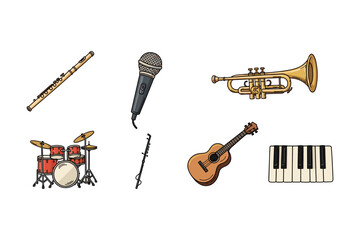 Collection of musical instruments: guitar, trumpet, flute, drum, clarinet, microphone, keyboard