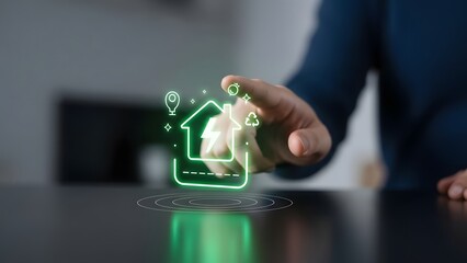 Hand Interacting with Holographic Smart Home Icon Future of energy management, sustainable living, and connected technology for modern smart homes, showcasing advanced digital control