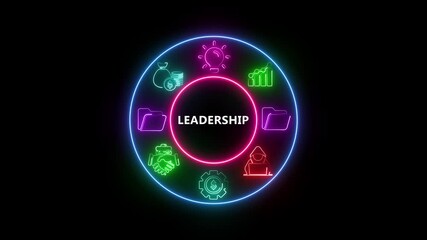 Neon LEADERSHIP infographic icon, glowing digital marketing symbol, futuristic search optimization and analytics UI element animation video - Powered by Adobe