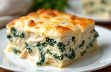 Slice of chicken alfredo lasagna with spinach and melted mozzarella cheese sits on a white plate. Layers of pasta, shredded chicken, and green spinach are visible with creamy white sauce.