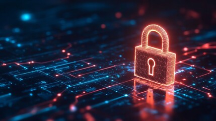 A glowing digital padlock secures a futuristic circuit board with neon lights and wires in the background.