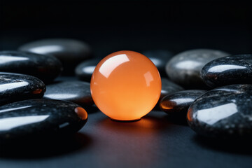 Glowing orange sphere among glossy dark stones on black