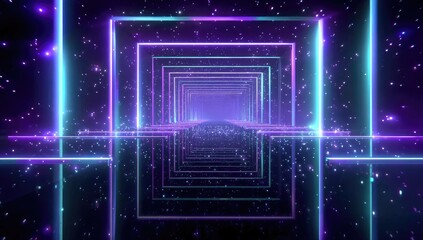 Abstract rendering of a neon geometric tunnel with square shapes, immersed in a space with particles