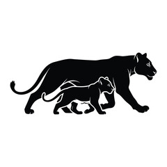 Obraz premium Majestic black panther mother and cub walking together side by side