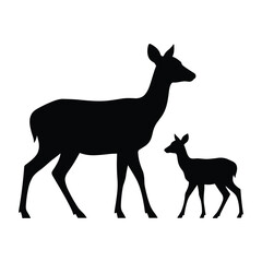 Fototapeta premium Mother and baby deer silhouette on a white background
