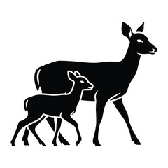 Fototapeta premium A mother deer and her fawn walking together in silhouette