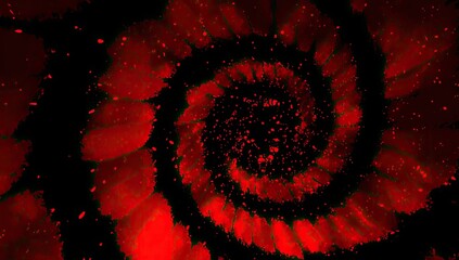 A spiraling pattern of red light fragments emanates from a central point on a stark black background