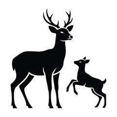 Obraz premium Majestic deer and playful fawn silhouette against a white background