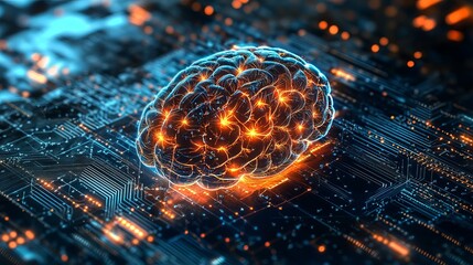 A glowing digital brain on a circuit board represents artificial intelligence and technology