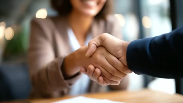 Couple meeting financial advisor at residence faceless clients and consultant defocused home background handshake agreement moment finance insurance advice property investment