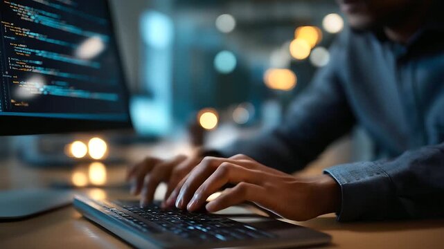 Technology professional typing code on display screen faceless Asian individual defocused deep tech background AI programming tools data mining activity STEM skill development