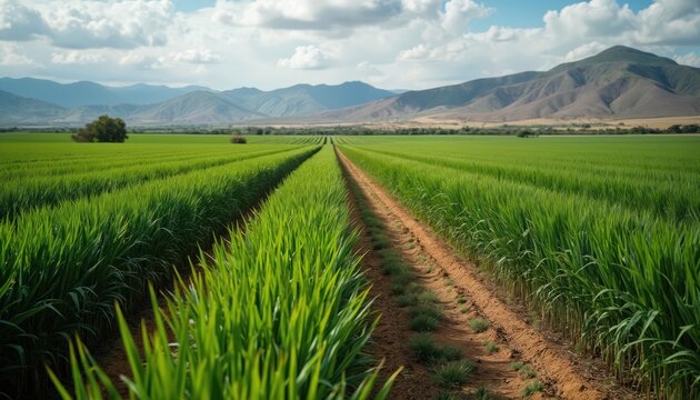 Vast green sugarcane fields stretch towards distant mountains under a cloudy sky. Rows of lush crops create patterns across the farmland, suggesting agricultural abundance and natural beauty. - Powered by Adobe