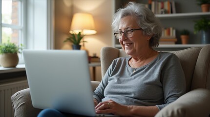 Senior woman with glasses smiling while using a laptop, sitting in a cozy living room with warm lighting and bookshelves, concept of technology